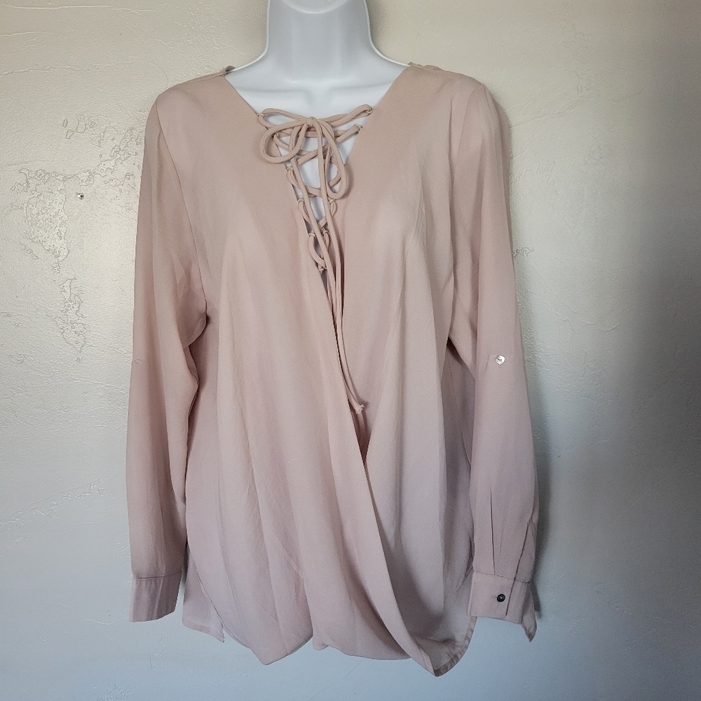 Entro Small Light Pink Mauve Long Sleeve Blouse Draped Front Lace Up Top Shirt